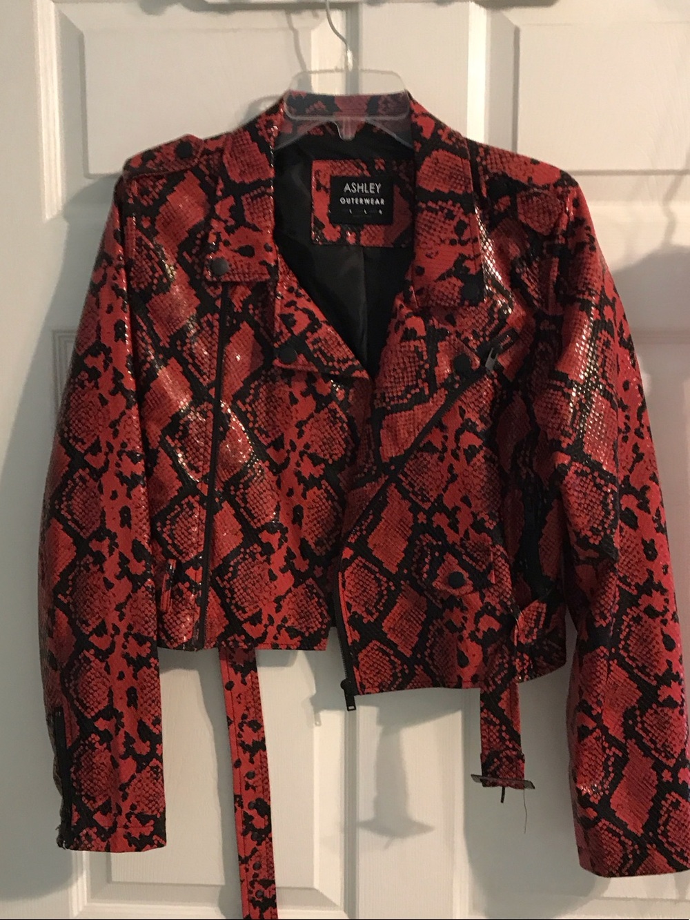 Ashley By 26 International Red and Black Snake-Print Biker Jacket
